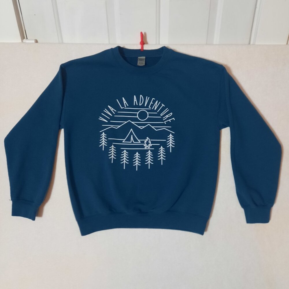 Viva La Adventure Deep Teal Blue Gildan Heavy Blend Sweatshirt Camping Graphic